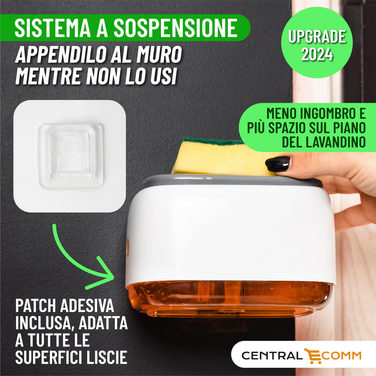 Dispenser Sapone Cucina con Spugna, Appendibile - Erogatore Dosatore per Detersivo Piatti CentralEcomm