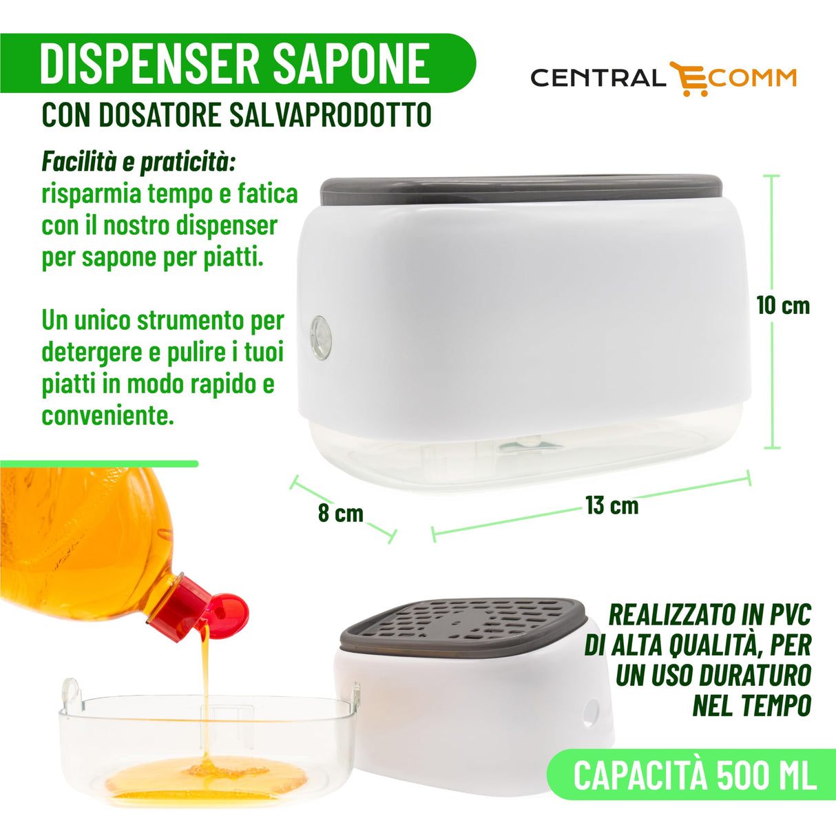 Dispenser Sapone Cucina con Spugna, Appendibile - Erogatore Dosatore per Detersivo Piatti CentralEcomm