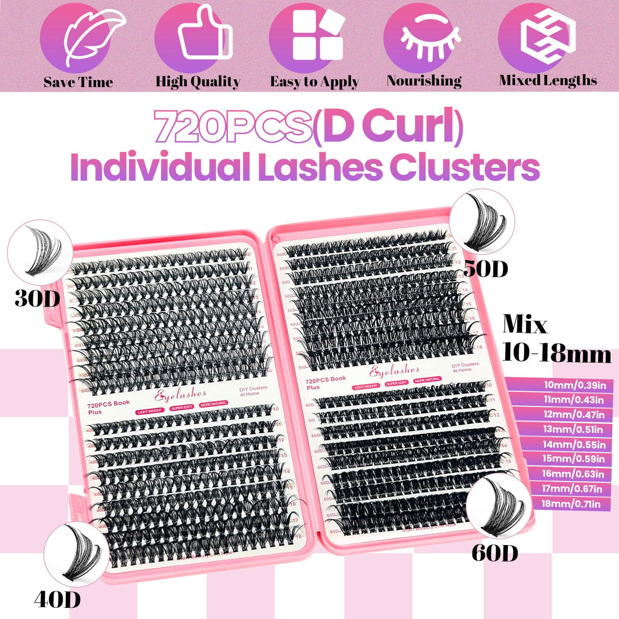 Qiveaory Kit di Estensione Delle Ciglia fai da 720pcs DIY Individual Lashes Clusters D Curl Kit con Lash Bond and Seal,Remover Extension Ciglia,Pinzette per Ciglia Pennello(10-18mm,30D+40D+50D+60D)