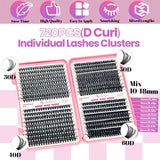 Qiveaory Kit di Estensione Delle Ciglia fai da 720pcs DIY Individual Lashes Clusters D Curl Kit con Lash Bond and Seal,Remover Extension Ciglia,Pinzette per Ciglia Pennello(10-18mm,30D+40D+50D+60D)