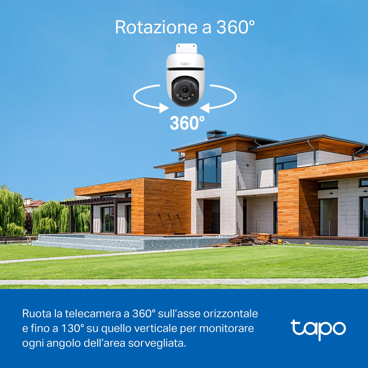 Tapo C510W Telecamera WiFi Esterno QHD 2K, 360° Visuale, Visione Notturna a Colori, Telecamera IP di Sorveglianza, Sensore di Movimento, Impermeabile IP65, Audio Bidirezionale, Alexa