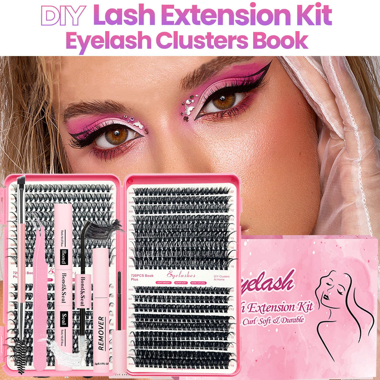 Qiveaory Kit di Estensione Delle Ciglia fai da 720pcs DIY Individual Lashes Clusters D Curl Kit con Lash Bond and Seal,Remover Extension Ciglia,Pinzette per Ciglia Pennello(10-18mm,30D+40D+50D+60D)