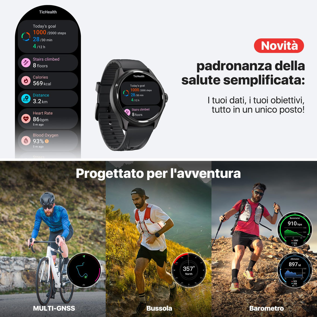 TicWatch Pro 5 Enduro Smartwatch da uomo 1,43" Android Wear OS Smart Watch 90 ore di batteria 110+ modalità di allenamento 7/24 frequenza cardiaca Salute 5ATM GPS Bussola Non compatibile con iPhone