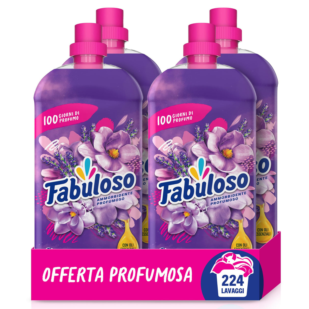 Fabuloso Ammorbidente Lavatrice Concentrato Sensation Magnolia, 224 lavaggi 4x1,25L |Bucato Morbido e Profumato | Profumo di lunga durata | Flacone e tappo sono 100% riciclabili