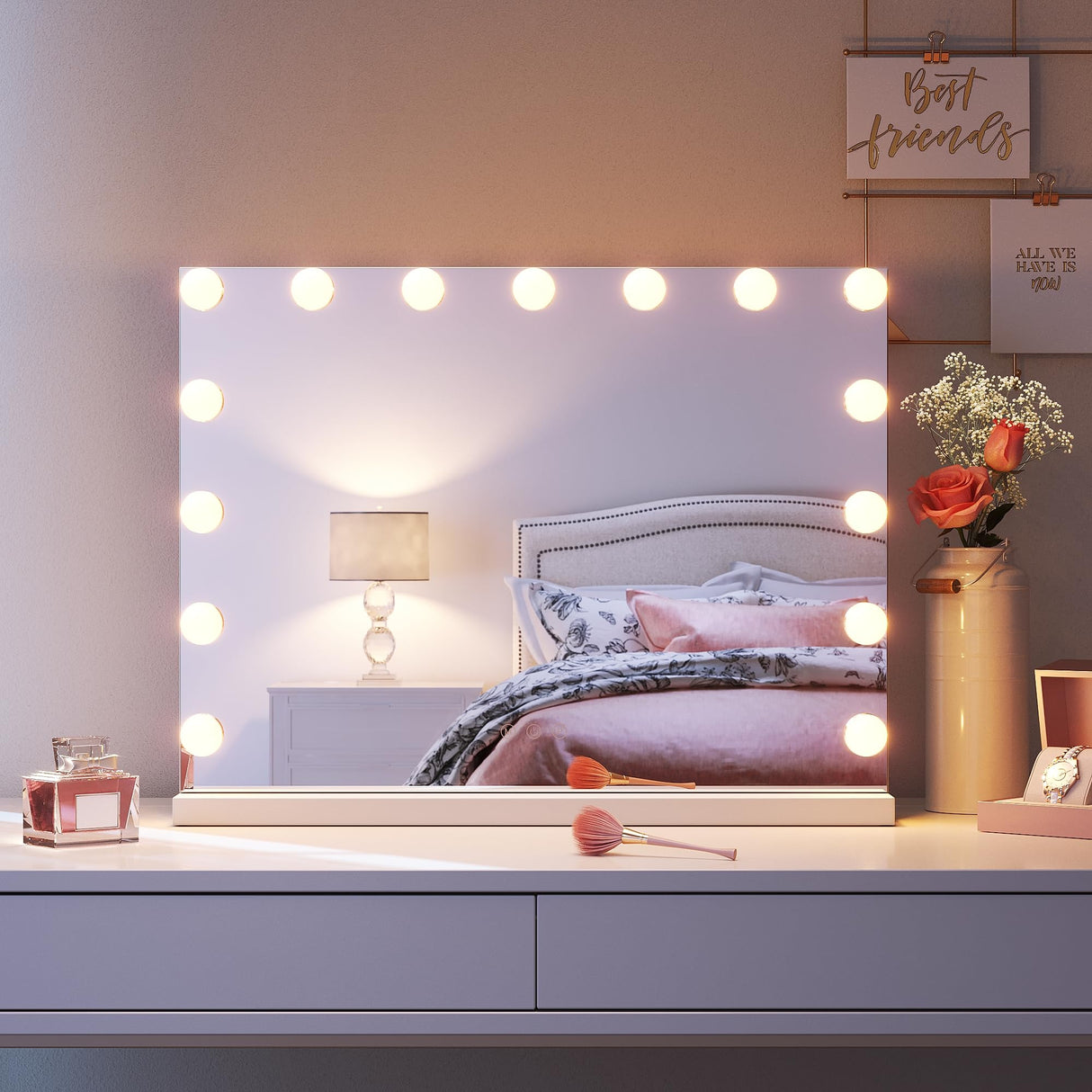 SONNI, Hollywood - Specchio da trucco, 58 x 46 cm, con 3 temperature di colore, 15 lampadine a LED, specchio grande con controllo touch e funzione di memoria della luminosità