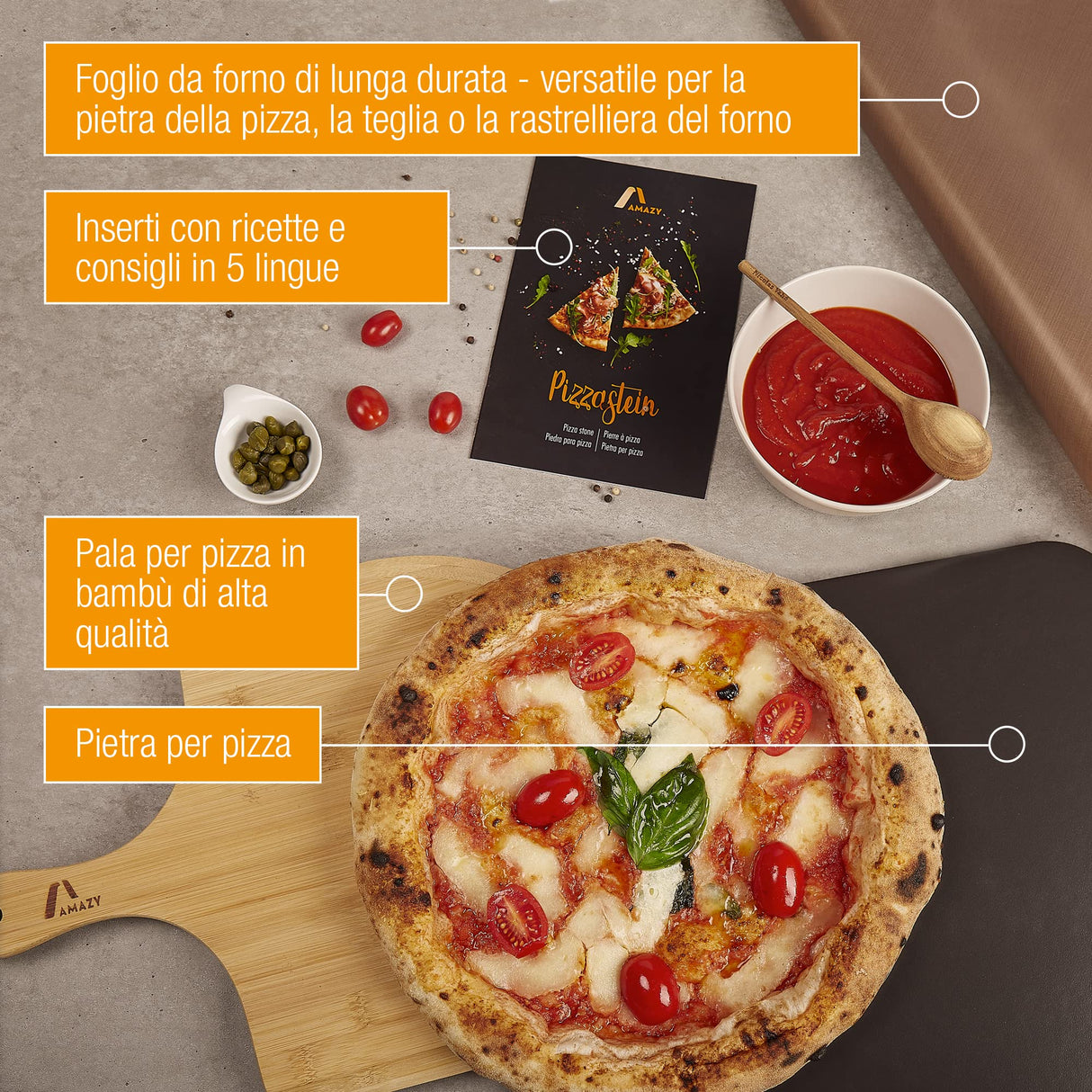 Amazy Pietra refrattaria per pizza da forno, incl. Pala, Carta da forno riutilizzabile e Ricettario –Pietra pizza dal sapore italiano (38x30x1,5cm) (Nero + pala per pizza in bambù)